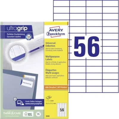 Obrázek AVERY Zweckform 3668 univerzální etikety (5.600 samolepicích štítků, 52,5 x 21,2 mm na A4, papír matný, individuálně potištěný, samolepicí nálepka s ultragrip) 100 listů, bílá