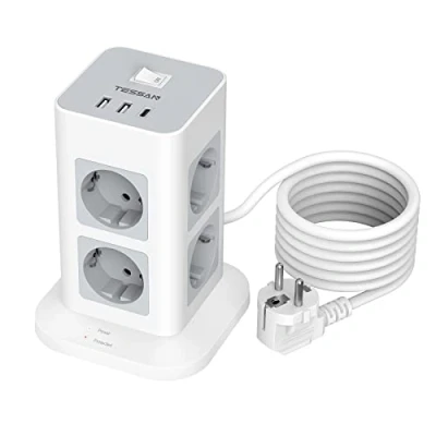 Obrázek vícenásobná zásuvka přepěťová ochrana 3600 W 16 A, TESSAN 8násobná zásuvková lišta USB C zástrčka, s 2M prodlužovacím kabelem, věž, rozvodná pro