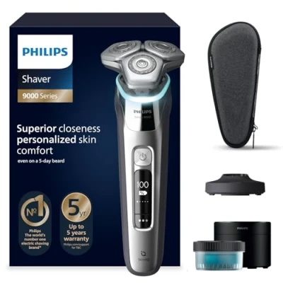 Obrázek Philips Elektrický holicí strojek na mokré a suché holení Shaver S9000, systém Lift &amp; Cut technologie SkinIQ, výklopný zastřihovač, čisticí stanice, nabíjecí cestovní pouzdro,