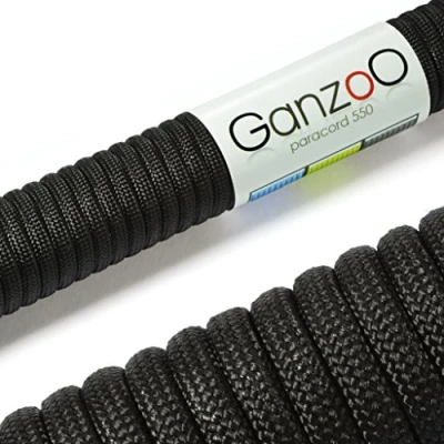 Obrázek Ganzoo Paracord 550 lano černé 4 mm šňůra typ 3, nylon &amp; polyester, ideální pro kutilství vodítka psy obojek náramek/Camping Survival a Outdoor 15 metrů univerzální 7 vnitřních pramenů