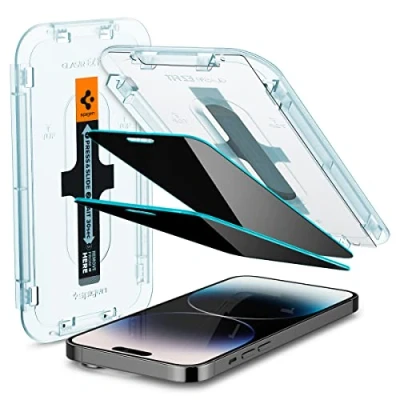 Obrázek Spigen Sklo. tR EZ Fit ochranná fólie na ochranu před nežádoucími pohledy kompatibilní s iPhone 14 Pro, 2 kusy, ochrana soukromí, odolná proti poškrábání, tvrdosti 9H