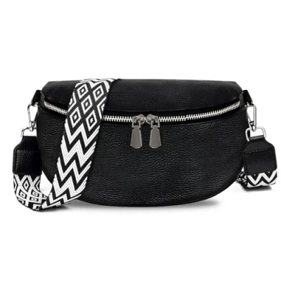Obrázek TANTOMI taška přes rameno dámská kožená rameno, Crossbody Bag dámský široký popruh, dámské tašky břišní stylová, na opasek elegantní, černá, M