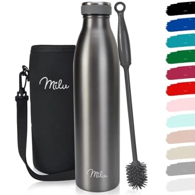 Obrázek Milu Termoláhev 350 ml, 500 750 1 l, 1,5 izolovaná ušlechtilá ocel, termoska, odolná proti vytečení, izolační láhev, dvoustěnná pro horké a studené nápoje, vhodná sycené nápoje (šedá,