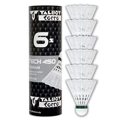 Obrázek Talbot Torro Tech 450 badmintonové míčky 6dílná dóza, volitelné různé barvy/rychlosti (bílá/žlutá, rychlosti: pomalé, střední, rychlé), prémiový nylonový míček pro vnitřní i venkovní použití