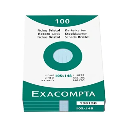 Obrázek Exacompta 13819B balení 100 ks kartotéční lístky linkované DIN A6 v kartonové krabici 10,5 x 14,8 cm ideální do školy a univerzity na učení modré