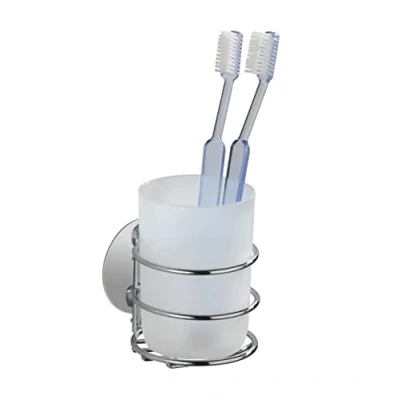 Obrázek WENKO Turbo Loc® kelímek na zubní kartáček, upevnění bez vrtání, pohárek ze satinovaného plastu v bílé, chromový držák pro montáž stěnu, 7,5 x 10 9 cm