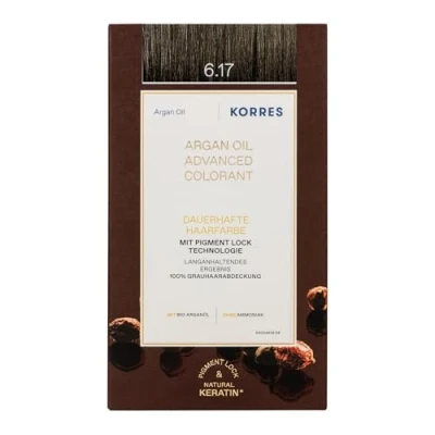 Obrázek KORRES Argan Oil Colorant barva na vlasy bez amoniaku tmavá blond béžová 6. 17 100% zakrytí šedých vlasů a veganská pro dlouhotrvající barevný výsledek