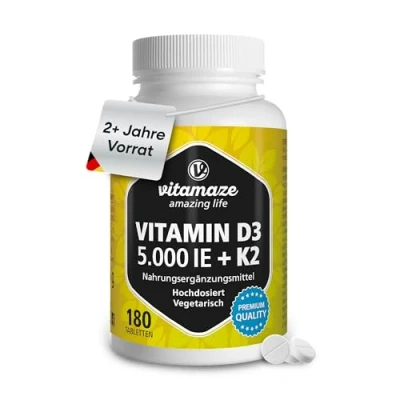 Obrázek Vitamaze® vitamin D3 K2 ve vysokých dávkách (1+ rok) 5000 IE vitamínu + 100 mcg MK7 All Trans, 180 tablet vitaminu D bez zbytečných přísad, vyrobeno v Německu