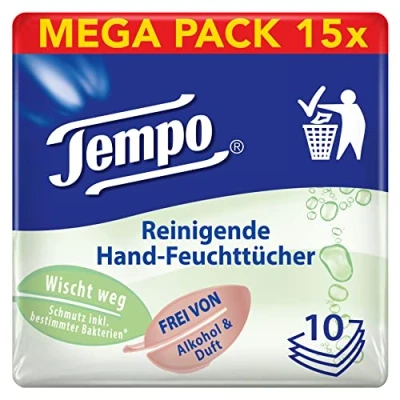 Obrázek Tempo Čisticí ruční vlhčené ubrousky, neparfémované a nealkoholické, dermatologicky testováno, 150 ubrousků (10 x 15 balení)