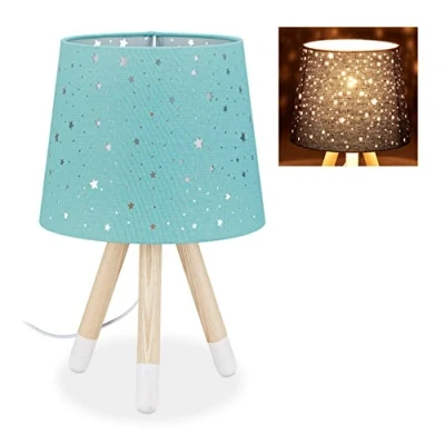 Obrázek Relaxdays Stolní lampa dětský pokoj, na noční stolek, hvězdy, chlapci a dívky, E14, kulaté látkové stínítko, 40 cm vysoká, mátová