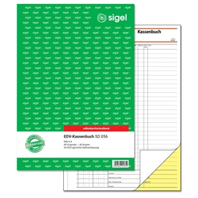 Obrázek SIGEL SD056 pokladní kniha EDV A4, 2 x 40 listů, propisovatelná, mikroperforovaná, se záložkovým otvorem, z udržitelného papíru