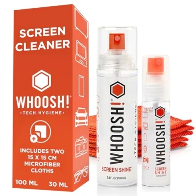 Obrázek WHOOSH! Screen Cleaner Spray und Tücher 100 30 ml + 2 Mikrofasertücher Duo mit Flaschen in Standard Reisegröße für TV, Auto, Computer, Laptop, MacBook, iPad, Handy, Kamera, Brille, Uhr