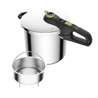 Obrázek Tefal P2584402 Secure Trendy tlakový hrnec 8 l s košem 2stupňový regulátor pečení: intenzivní stupeň 117 C, šetrnosti 112 C indukční kapslové dno pro všechny typy sporáků ušlechtilá