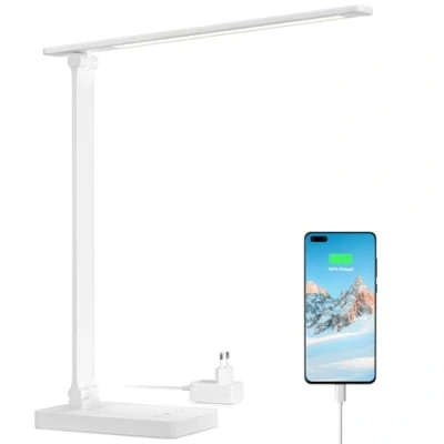 Obrázek Lepro lampa na psací stůl, LED stolní 15 W, 655 LM 3 barvy a 5 stupňů jasu, stmívatelná s USB přípojkou, stůl ochrana očí, světlo čtení do pokoje kanceláře, bílá