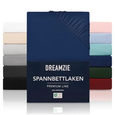 Obrázek Dreamzie Napínací prostěradlo 90 x 200 cm vysoký stoj až 33 100% mikrovlákno tmavě modré testováno na škodlivé látky (Oeko TEX), s gumovým páskem