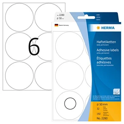 Obrázek HERMA 2280 bodové nálepky lepicí body bílé, 192 kusů, Ø 50 mm, 6 na arch, samolepicí, označovací pro kalendář, plánovací kutilství, matné, prázdné papírové barevné tečky,