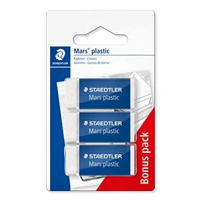 Obrázek STAEDTLER Mazací guma Mars plast, bez ftalátů a latexu, malá tvorba drobků, bílá, prémiová kvalita, malé drážkování, 2 kusy 1 kus zdarma, 526 53 ABK3D