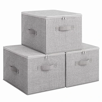 Obrázek SONGMICS Úložný box s víkem, sada 3 ks, skládací látkový úchyty, uložení oblečení, 40 x 30 25 cm, netkaná textilie, holubice šedá RZB003W01