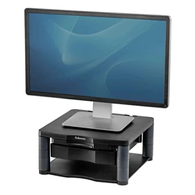 Obrázek Fellowes Stojan na monitor Premium Plus, výškově nastavitelný v 5 stupních, ergonomický, velmi stabilní pro monitory do 21 palců, se zásuvkou a držákem předlohy zorného pole, černý