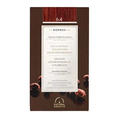 Obrázek KORRES Argan Oil Colorant barva na vlasy bez amoniaku tmavá blond měď 6.4 100% zakrytí šedých vlasů a veganské pro dlouhotrvající barevný výsledek