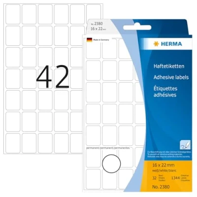 Obrázek HERMA 2380 víceúčelových etiket mini (16 x 22 mm, 32 listů, papír, matný) samolepicí, permanentně přilnavé etikety pro domácnost k ručnímu popisu, 1 344 samolepicích štítků, bílá