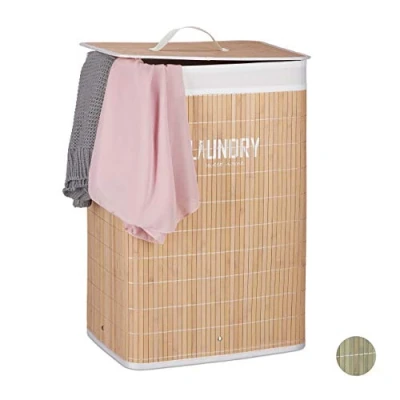 Obrázek Relaxdays koš na prádlo bambus, s víkem, 60 l, pytel prádlo, skládací, potiskem, x 40 30 cm, přírodní