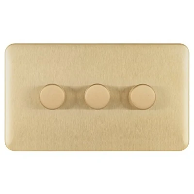 Obrázek Schneider Electric GGBL6032CSBS Lisse Screwless Deco Uni Dimmer 3G 2 Wege 250W/VA SB, 250 W, 240 V, Satin Messingfarben, 3 Gangs