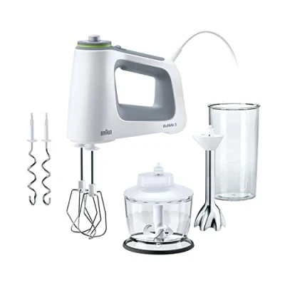 Obrázek ruční mixér Braun MultiMix 5 HM 5137 s plynulou regulací rychlosti, vč. šlehače, hnětacích háků, mixéru a odměrky 600 ml, 750 W, bílý