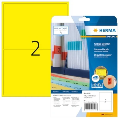 Obrázek HERMA 4496 barevné štítky žluté odstranitelné, 20 listů, 199,6 x 143,5 mm, 2 na arch A4, 40 kusů, samolepicí, potištěné, matné, prázdné papírové