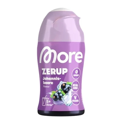 Obrázek MoRE zerup, rybíz, 65 ml, pro až 8 l hotového nápoje, sirup bez cukru s pravými extrakty z ovoce, veganské, zero kalorie vyrobeno v Německu