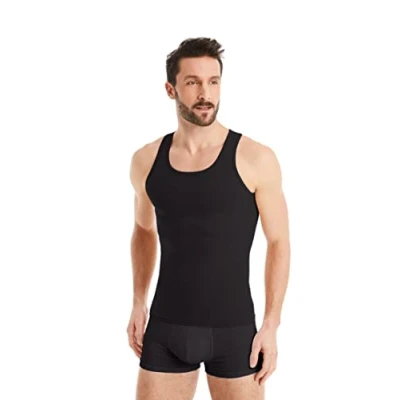 Obrázek FINN Pánské kompresní tričko tvarující postavu s efektem přes břicho tvarovací tílko bez rukávů z bavlny body Shaper pro ploché břicho, černá