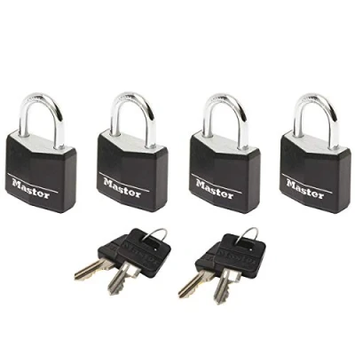 Obrázek MASTER LOCK Malé visací zámky [klíče] [sada 4 ks][stejné zamykání] 9120 EURQBLKNOP ideální pro batohy, zavazadla, tašky na počítač a další