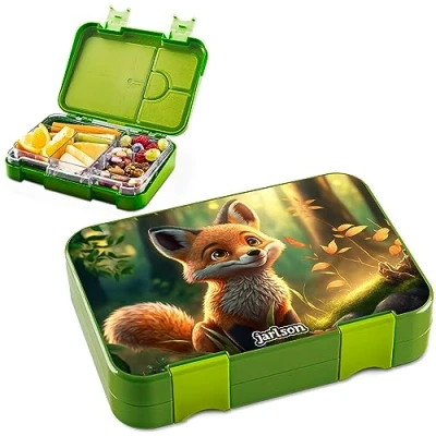 Obrázek Jarlson® krabička na svačinu pro děti s 6 přihrádkami TONI oběd Bento box ochranou proti vytečení svačinový do školky a školy dívky chlapce (liška)