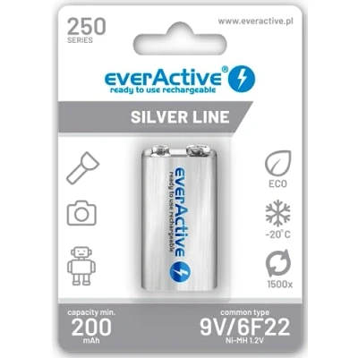 Obrázek everActive Akumulátor 9 V 250 mAh, Ni MH, blok, nabíjecí, přednabitý, Silver Line, 6F22 HR22 8. 4V, 1 kus blistrová karta, EVHRL22 250, stříbrná