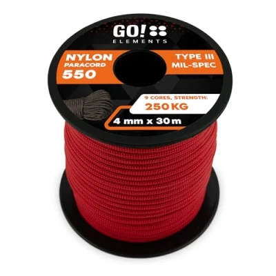 Obrázek GO!elements 30 m Paracord lano z nylonové šňůry odolné proti roztržení 4 mm 550 typ III šňůra univerzální &amp; Reep max. 250 kg, barva: červená