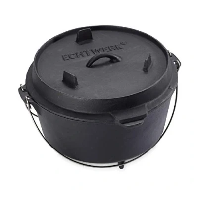 Obrázek Echtwerk EW GE 1225 Dutch Oven BBQ hrnec na vaření cca 8 l, již vypálený preseasoned, víko s rukojetí z ušlechtilé oceli použitelné jako pánev, grilovací pro vnitřní i venkovní použití, velká