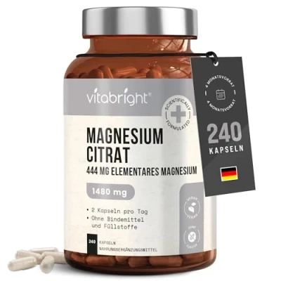 Obrázek Citrát hořečnatý 1480 mg, 240 hořečnatých kapslí ve vysokých dávkách (444 mg elementární hořčíkový prášek) Kapsle s citrátem hořečnatým, hořečnatým/citrátovými kapslemi VitaBright