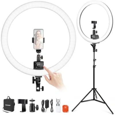 Obrázek NEEWER Kroužkové světlo SRP18 2,4 G, 18 palců, LED se stojanem a držákem telefonu, 2,4G &amp; Manuual Touch Control Professional, 42 W, 3200 5600 K, pro tetovací řasy, kadeřníky, fotografické