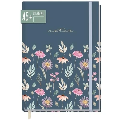 Obrázek paper&amp;you® zápisník A5+ prázdný s gumičkou [Flying Flowers] 156 stran, 78 listů jako Bullet Journal skicák deník poznámkový sešit trvalý &amp; šetrný k klimatu