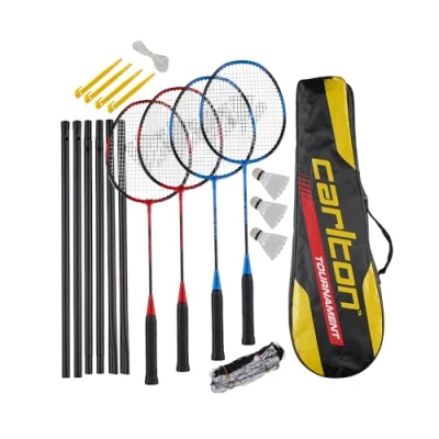 Obrázek Carlton Tournament Badminton Schlägerset, 4 Spieler (4 Schläger, 3 Bälle, 1 Tasche, Netz &amp; Pfosten), Black/RED, Black/Blue