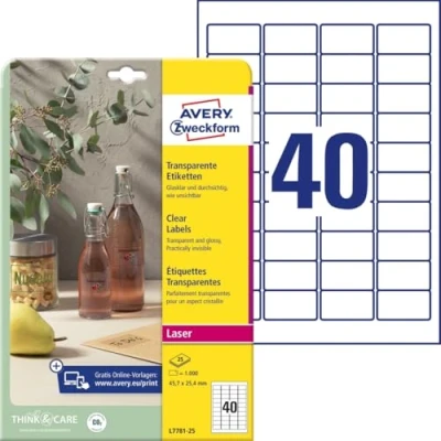 Obrázek AVERY Zweckform L7781 25 transparentní etikety (1 000 lepicích etiket, 45,7 x 25,4 mm na A4, samolepicí, nálepka k potisku, odolné proti povětrnostním vlivům, popisy/nálepky produkt) listů,