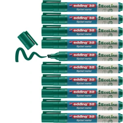 Obrázek edding 32 EcoLine zvýrazňovač flipchartu zelený 10 tužek klínový hrot 1 5 mm pro psaní, kreslení na rozepínách inkoust se nerozbije nevysává doplňovací