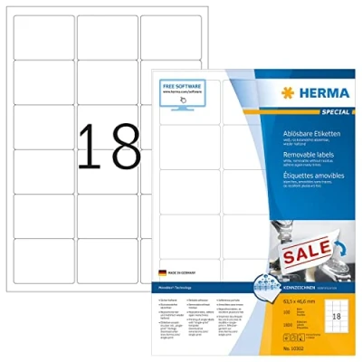 Obrázek HERMA 10302 univerzální odlepitelné etikety, 100 listů, 63,5 x 46,6 mm, 18 na arch A4, 1800 kusů, samolepicí, s možností potisku, matné, prázdné papírové lepicí etikety nálepky, bílé
