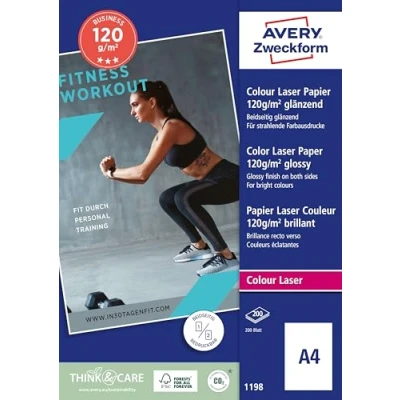 Obrázek AVERY Zweckform 1198 Superior Colour laserový papír (200 listů, 120 g/m², DIN A4, oboustranně povrstvený, lesklý, bílý, FSC, pro fototisk s barevnou laserovou tiskárnou), 1 balení