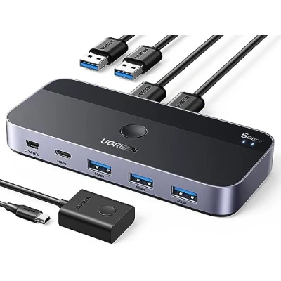 Obrázek UGREEN USB přepínač 2PC s 1xUSB C portem A 3xUSB porty, 2 In 4 Out 3.0 Switcher hliníkový kryt kontrolou stolního počítače, na kabely pro klávesnici, myš, tiskárnu, skener, flash