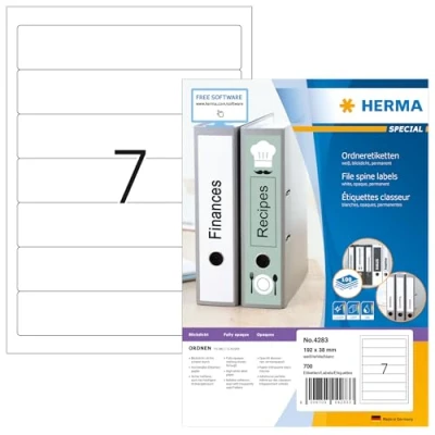 Obrázek HERMA 4283 štítky na hřbety pořadačů krátké, úzké, 100 listů, 192 x 38 mm, 7 arch A4, 700 kusů, samolepicí, potiskovatelné, neprůhledné, prázdné papírové pořadače samolepicí nálepky, bílé