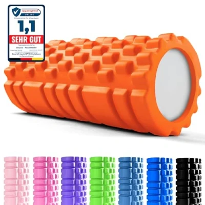 Obrázek unycos Faszienrolle (33x14 cm), Fitness Rolle mit 3D Texturmassage und 50 Übungen E Book, Hartschaumrolle zur Selbstmassage, Belastbar 130 kg, Massagerolle für Funktionales Training (Orange)