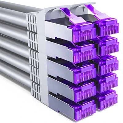 Obrázek deleyCON 10x 0,25m CAT7 síťový kabel 10 Gigabit krátký 25cm RJ45 patch Ethernet (měď, SFTP PiMF stínítko) LAN DSL Switch Modem Router Patchpanel CAT6 CAT5 šedý
