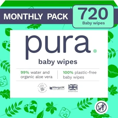 Obrázek Pura Ekologické vlhčené ubrousky pro citlivou pokožku miminek, 720 ubrousků (12 x 60 ubrousků), měsíční box, 99% voda, 100% bez plastů, biologicky odbouratelné, šetrné k pokožce při atopické