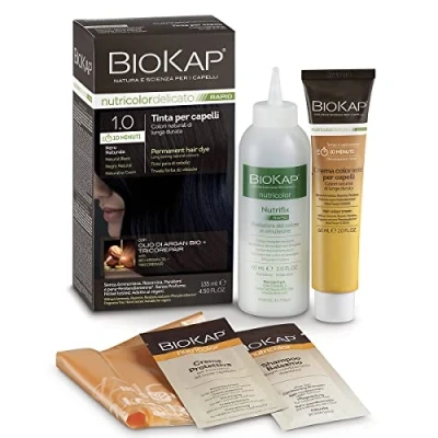 Obrázek BIOKAP RAPID permanentní barva na vlasy 1. 0 přírodní černá POUZE 10 minut působení Bio arganový olej TricoREPAIR komplex VEGAN Optimální krytí šedin až 80 % přírodních složek